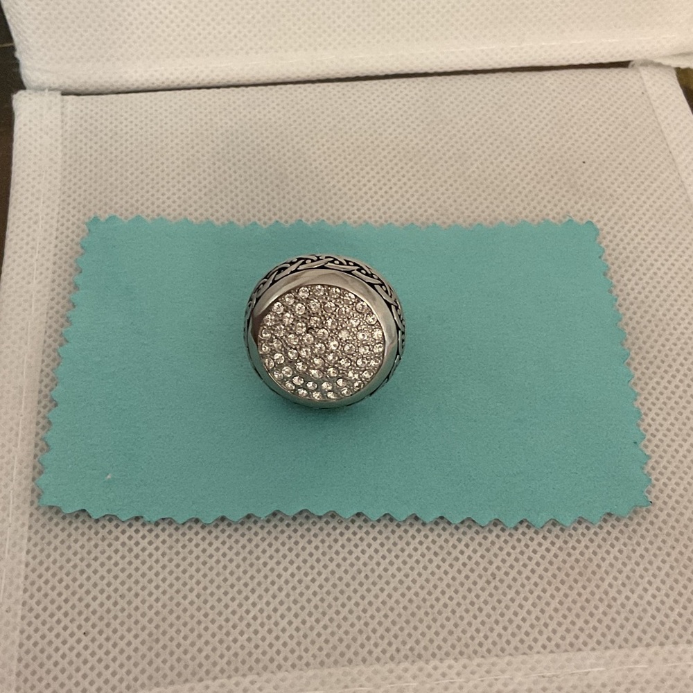 Stainless Steel Cocktail White Rhinestone Silver Tone Ring, Size 8,